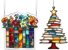 Set Of 2 Stained Glass Effect Book Ornaments     Moon Cat  Book Tree  Flower Sh   