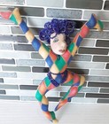 Folk Art Handmade Fabric Acrobat Harlequin Carnival Doll Signed With Brooch 
