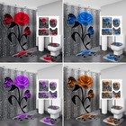 Bathroom Shower Curtain Set Printed Rose Pattern Waterproof With Hooks Bath Mat