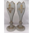 Rare Pair Of Antique Bristol Crown Cut Glass Vases Hand Painted Gold Gilt 11 