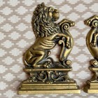Pair Antique 19c Rampant Lion Brass Figures Fireplace Hearth Ornaments English
