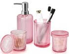 4-piece Pink Bathroom Accessories Set - Glass Soap Dispenser  Toothbrush Holder 