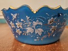Antique Bohemian Aquamarine Hand Cut Hand Painted Gold Gilt Floral Glass Bowl