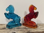 2 Mcm Vintage L e  Smith Glass Rearing Horse Bookends Aqua Blue   Red 8 