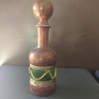 Vintage Leather Covered Green Glass Bottle Decanter With Stopper-made In Italy