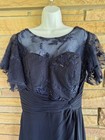 Navy Blue Formal Evening Dress Lace Overlay Flutter Sleeves Lace Up Back