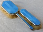 Antique Art Deco Guilloche Enamel Coin Silver Hairbrush Vanity Set Of 2