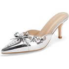 Coutgo Womens Size 8 Silver Mirror Bow Tie Slide On 3 25  Heel Pointed Toe Shoes