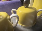 Vintage Vicki Japan Tea Pot Yellow Insulated Aluminum  Wooden Metal Eames Style