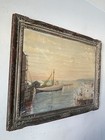 Antique Nautical Boat Dock Fisherman Seascape Oil Painting Old Vintage Duke 1946