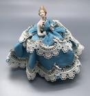 Antique German Bisque Porcelain Half Doll Pin Cushion   Arms Away Sequins   Lace