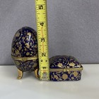 2 Vintage Cobalt Blue Porcelain Egg Gold Gilt Hinged Lid Candle Trinket Box
