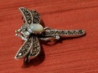 Ornate Marcasite Mother Of Pearl Dragonfly Insect Pin Brooch 925 Sterling Silver