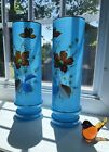 Pair Antique Blue English Hand Painted Bristol Glass Mantel Vases Floral Opaline