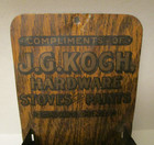 Antique Tin Match Holder - Canby  Mn  -  j g  Koch Hardware  Stoves  Paints 