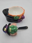 Vintage Halloween Witch Candy Dish Bowl W  Lid Ceramic Green Witch Pumpkin Cauld