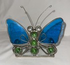 Vintage Blue Stained Glass Butterfly Tea Light Votive Candle Holder Fun