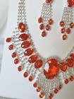 Orange Diamante 100  Glass Crystal Necklace   Earrings Set Wedding Prom New