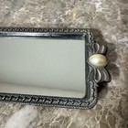 Silver Rectangle Mirrored Tray Pearl Accent Bows Victorian Vanity Antique Vtg