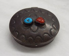 Vintage Native American Stamped Sterling Silver Pill Box Turquoise Coral 12 6g