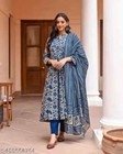 Women   s Blue Floral Printed Anarkali Kurta Set With Dupatta     Cotton Ethnic Wear