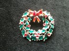 Vintage Christmas Pin Wreath Red   Green Enamel Holiday