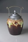 Art Nouveau Ceramic Majolica Biscuit Barrel W  Metal Handle   Lid