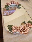 Vintage Oval Mirrored Vanity Tray With Pink Glazed Porcelain Roses