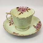 Antique 1930s Aynsley Tea Cup   Saucer Mint Green Pink Cabbage Rose Rare 