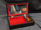 Vtg Black Lacquered Mother Of Pearl Abalone Flowers Hinged Trinket Box Velvet 
