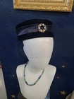 Vintage 50s  60s Navy Velvet Pillbox Hat With Rhinestone Brooch And Veil