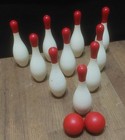 Vintage Wooden Mini Bowling Set - 10 White red Pins With 2 Red Balls