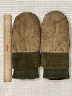 Men s Brown Leather Mittens W  Green Knit Cuffs  Wrist Length  One Size