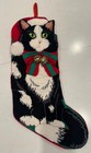 Tuxedo Cat Needlepoint 3d Christmas Stocking Black White Vtg Bells Red Velvet