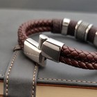 Vintage Brown Leather Beaded Bracelet For Men Stainless Steel Wristband Gift