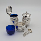 Vintage Alpacca 3-piece Condiment Set W 2cobalt Glass Liners   2 Salt Spoons