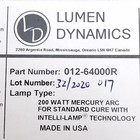 Lumen Dynamics 012-64000r 200 Watt Uv Arc Bulb With Intelli-lamp Technology
