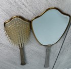 Vintage Art Nouveau Satin Gold Tone Handheld Vanity Mirror And Hairbrush 2pc Set