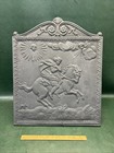 Antique French Cast Iron Fire Back Rider On Horse Back   repaired  22  T X 18  W
