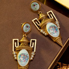 Vintage Floral Porcelain Drop Earrings Gold Tone Rhinestone Victorian Chic