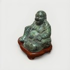 Laughing Buddha Cast Bronze Green Patina Statue   Wood Stand Vtg Large