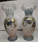 Pair Of Victorian Bristol Glass Frosted Floral Ruffled Edge Vases Hand Painted