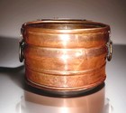 Vintage Ribbed Hammered  Copper Planter W  Brass Ring Handles - Rare