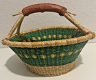 Handwoven African Bolga Market Basket Ghana Leather Handle 10x14   Green Natural