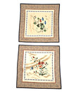 2 Vtg 13  Square Silk Panels Asian Flowers Butterflies Matching Hand Embroidered