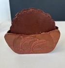 Vintage Cayman Islands Tooled Embossed Leather Coaster Set Of 5 With Holder