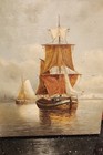 Fine Antique Oil Painting On Canvas Sailing Ships In Wood Gesso Gilt Frame