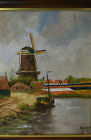 13  Vintage Oil Painting On Wood Signed Mester River View W  Boat And Windmill 