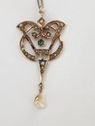 Antique Art Nouveau 10kt Yellow Gold  Emerald   Seed Pearl Lavalier Necklace