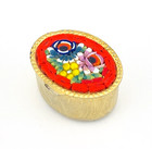 Vintage Micro Mosaic Pill Box Gold Tone Red Floral Oval Trinket Italy